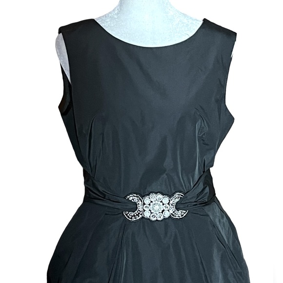 COLLECTIONS BY LOUREA BLACK TAFFETA PEARL WAIST TIE MIDI FORMAL DRESS EUC 12 - Picture 2 of 8